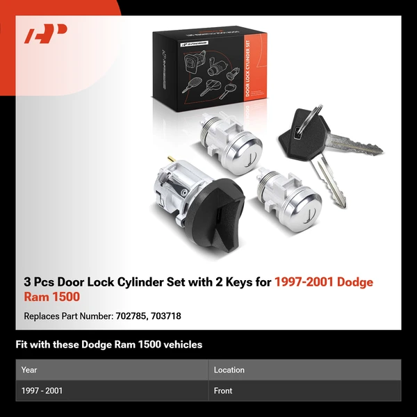 3 Pcs Door Lock Cylinder Set with 2 Keys for 1997-2001 Dodge Ram 1500