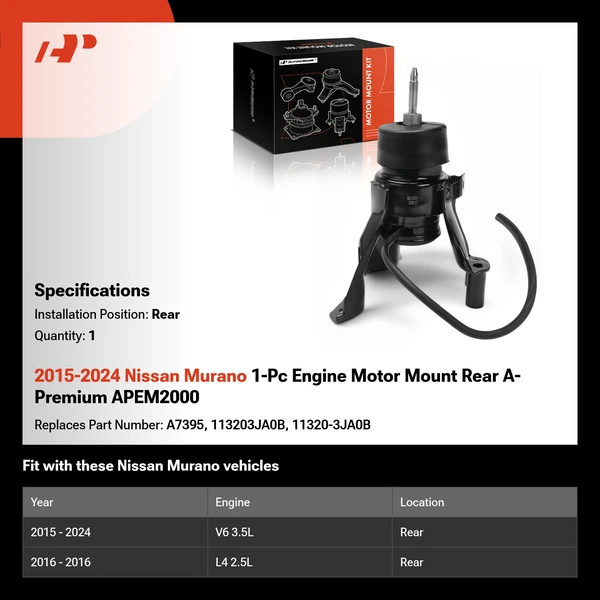 2015-2024 Nissan Murano 1-Pc Engine Motor Mount Rear A-Premium APEM2000