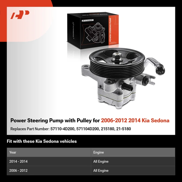 Power Steering Pump with Pulley for 2006-2012 2014 Kia Sedona