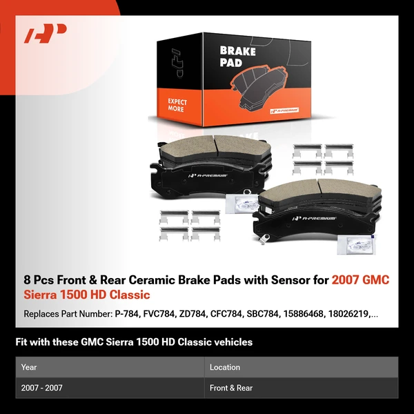 8 Pcs Front & Rear Ceramic Brake Pads with Sensor for 2007 GMC Sierra 1500 HD Classic