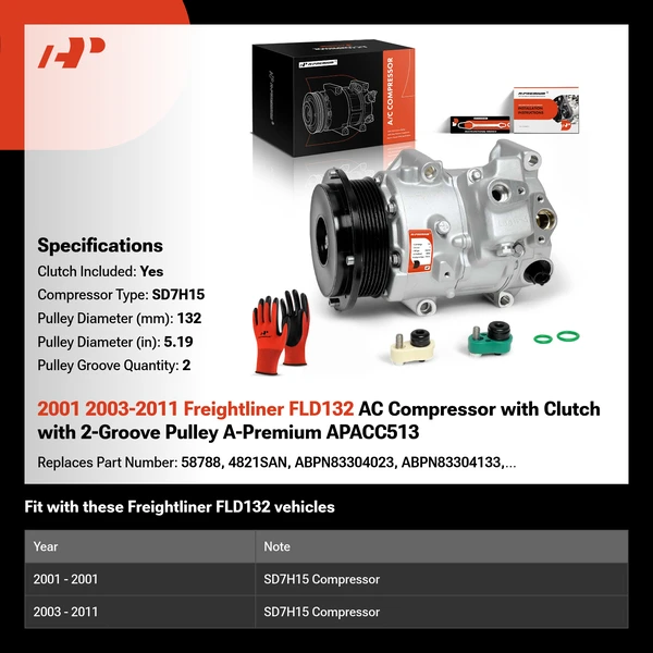 2001 2003-2011 Freightliner FLD132 AC Compressor with Clutch with 2-Groove Pulley A-Premium APACC513