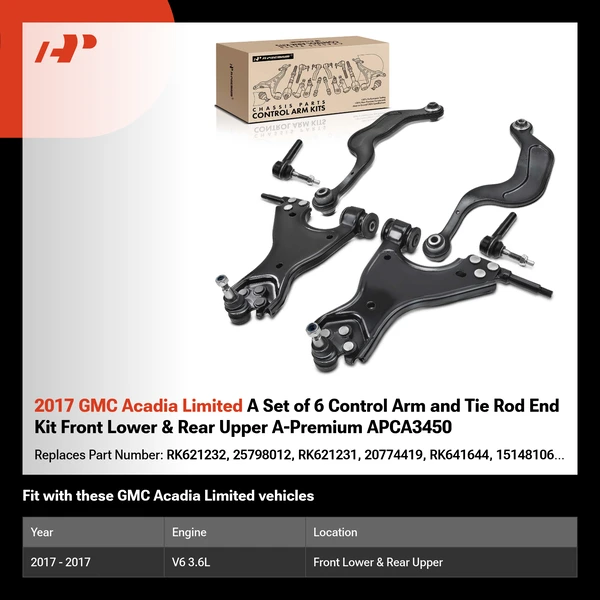 2017 GMC Acadia Limited A Set of 6 Control Arm and Tie Rod End Kit Front Lower & Rear Upper A-Premium APCA3450
