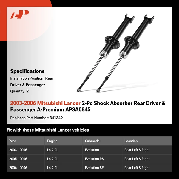 2003-2006 Mitsubishi Lancer 2-Pc Shock Absorber Rear Driver & Passenger A-Premium APSA0845