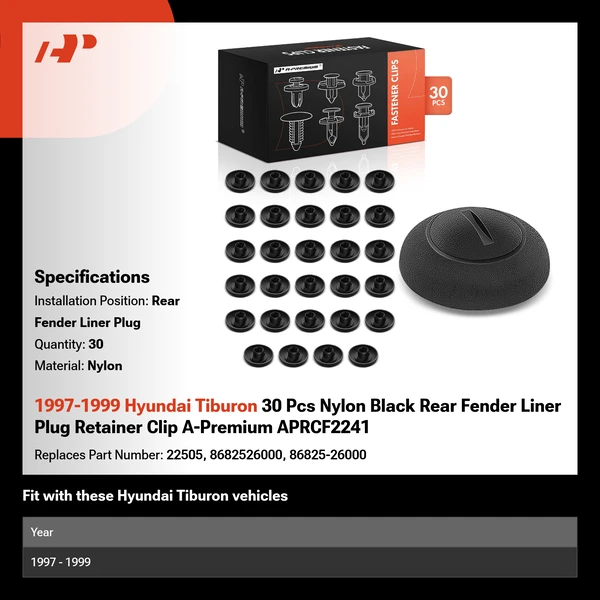 1997-1999 Hyundai Tiburon 30 Pcs Nylon Black Rear Fender Liner Plug Retainer Clip A-Premium APRCF2241