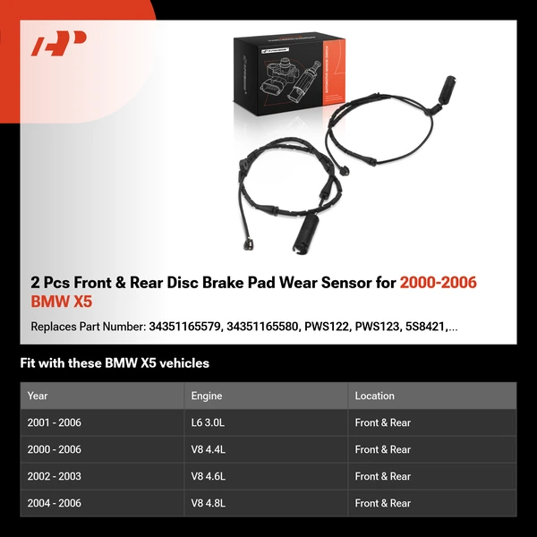 2 Pcs Front & Rear Disc Brake Pad Wear Sensor for 2000-2006 BMW X5