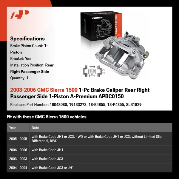 2003-2006 GMC Sierra 1500 1-Pc Brake Caliper Rear Right Passenger Side 1-Piston A-Premium APBC0150