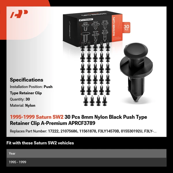 1995-1999 Saturn SW2 30 Pcs 8mm Nylon Black Push Type Retainer Clip A-Premium APRCF3789
