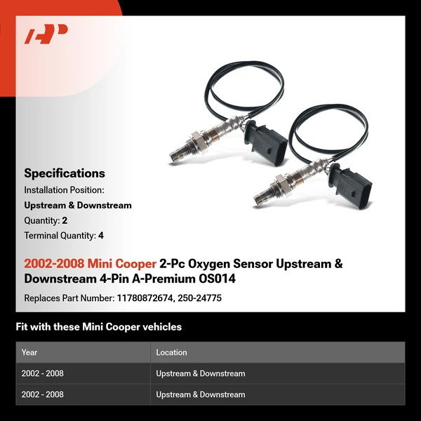 2002-2008 Mini Cooper 2-Pc Oxygen Sensor Upstream & Downstream 4-Pin A-Premium OS014
