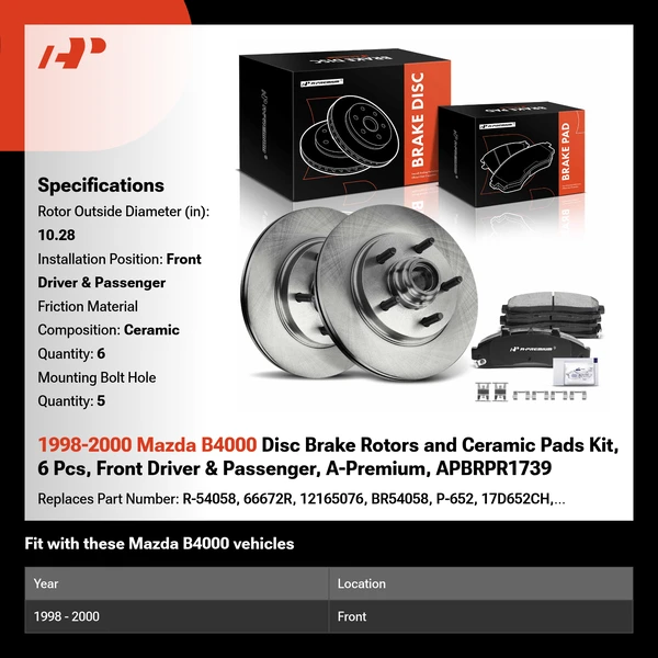 1998-2000 Mazda B4000 Disc Brake Rotors and Ceramic Pads Kit, 6 Pcs, Front Driver & Passenger, A-Premium, APBRPR1739