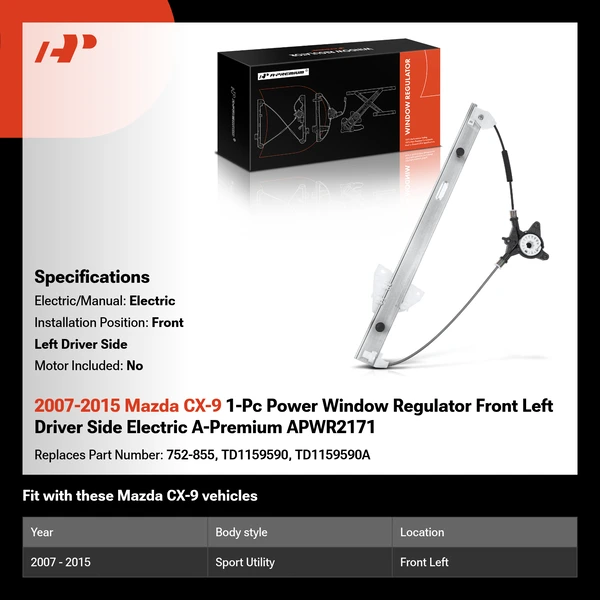 2007-2015 Mazda CX-9 1-Pc Power Window Regulator Front Left Driver Side Electric A-Premium APWR2171