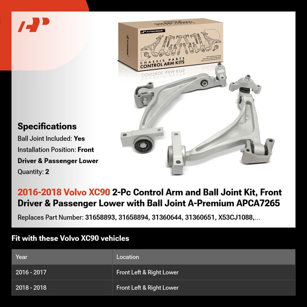 2016-2018 Volvo XC90 2-Pc Control Arm and Ball Joint Kit, Front Driver & Passenger Lower with Ball Joint A-Premium APCA7265