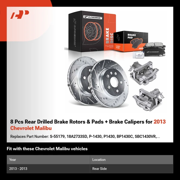 8 Pcs Rear Drilled Brake Rotors & Pads + Brake Calipers for 2013 Chevrolet Malibu