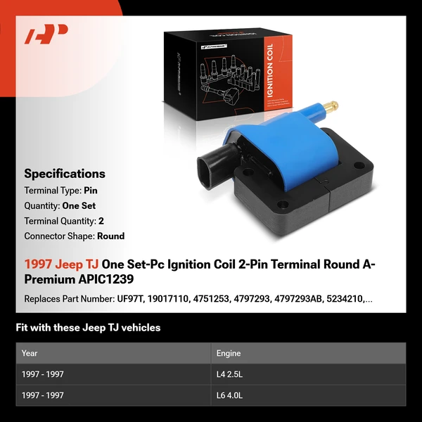 1997 Jeep TJ One Set-Pc Ignition Coil 2-Pin Terminal Round A-Premium APIC1239