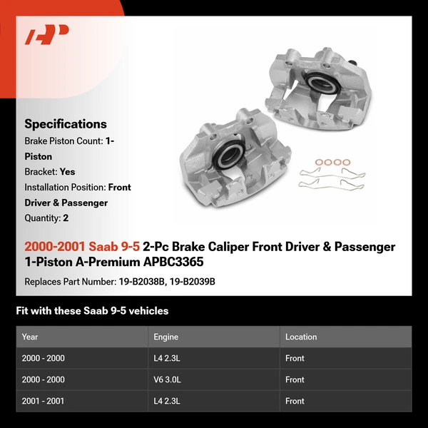 2000-2001 Saab 9-5 2-Pc Brake Caliper Front Driver & Passenger 1-Piston A-Premium APBC3365