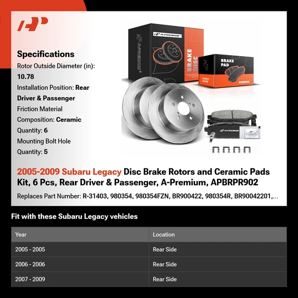 2005-2009 Subaru Legacy Disc Brake Rotors and Ceramic Pads Kit, 6 Pcs, Rear Driver & Passenger, A-Premium, APBRPR902