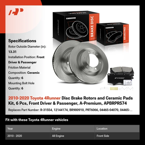 2010-2020 Toyota 4Runner Disc Brake Rotors and Ceramic Pads Kit, 6 Pcs, Front Driver & Passenger, A-Premium, APBRPR574