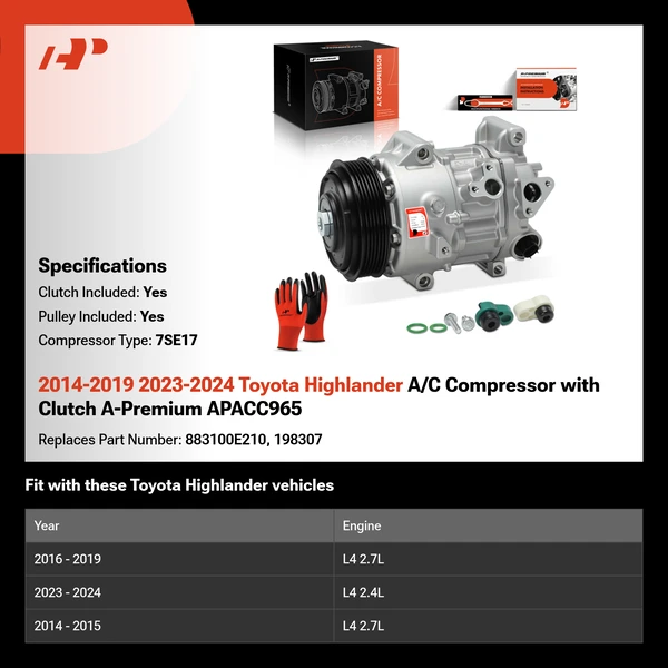 2014-2019 2023-2024 Toyota Highlander A/C Compressor with Clutch A-Premium APACC965