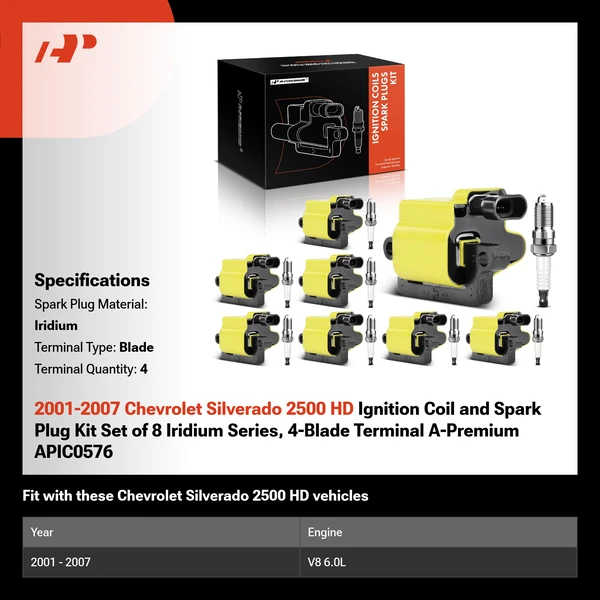2001-2007 Chevrolet Silverado 2500 HD Ignition Coil and Spark Plug Kit Set of 8 Iridium Series, 4-Blade Terminal A-Premium APIC0576