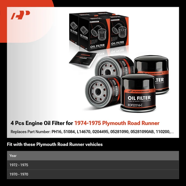 4 Pcs Engine Oil Filter for 1974-1975 Plymouth Road Runner
