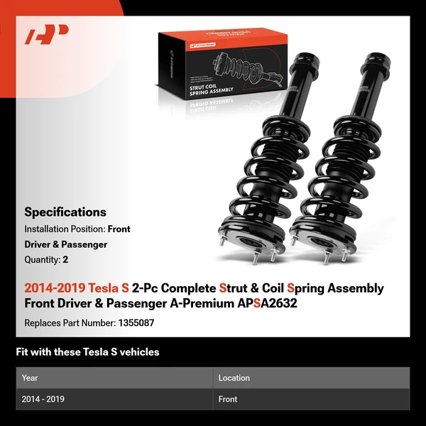 2014-2019 Tesla S 2-Pc Complete Strut & Coil Spring Assembly Front Driver & Passenger A-Premium APSA2632