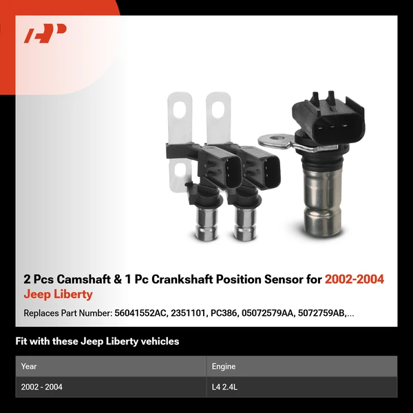2 Pcs Camshaft & 1 Pc Crankshaft Position Sensor for 2002-2004 Jeep Liberty