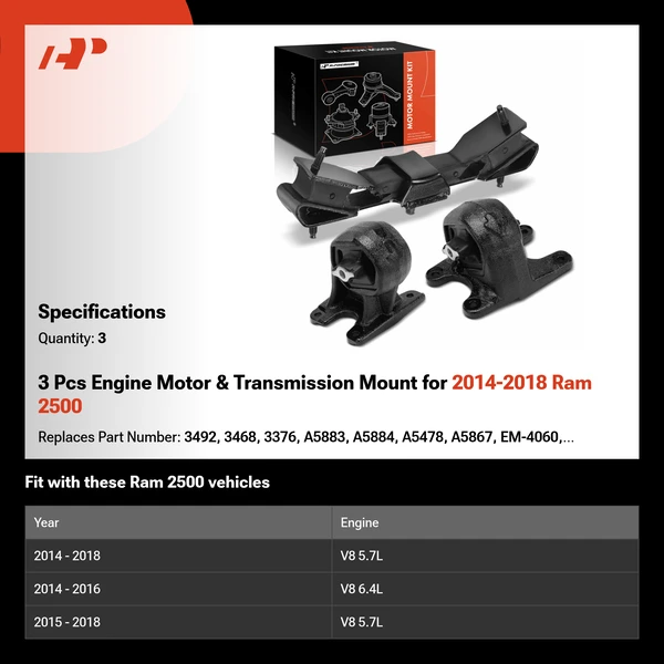 3 Pcs Engine Motor & Transmission Mount for 2014-2018 Ram 2500