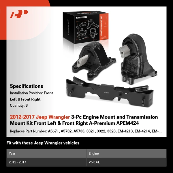 2012-2017 Jeep Wrangler 3-Pc Engine Mount and Transmission Mount Kit Front Left & Front Right A-Premium APEM424