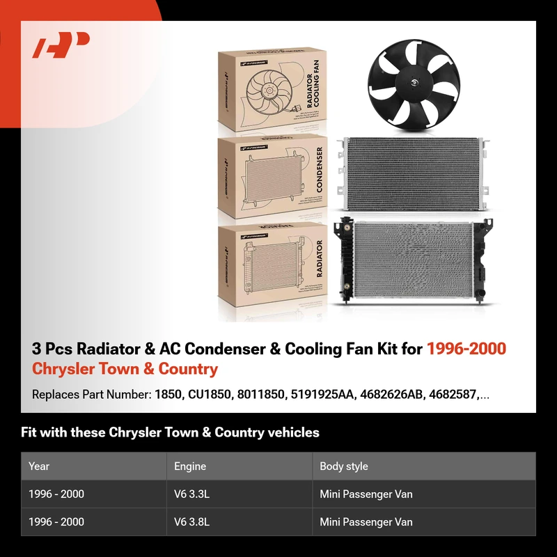 3 Pcs Radiator & AC Condenser & Cooling Fan Kit for 1996-2000 Chrysler Town & Country
