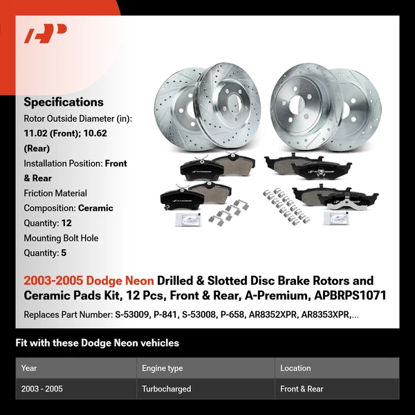 2003-2005 Dodge Neon Drilled & Slotted Disc Brake Rotors and Ceramic Pads Kit, 12 Pcs, Front & Rear, A-Premium, APBRPS1071
