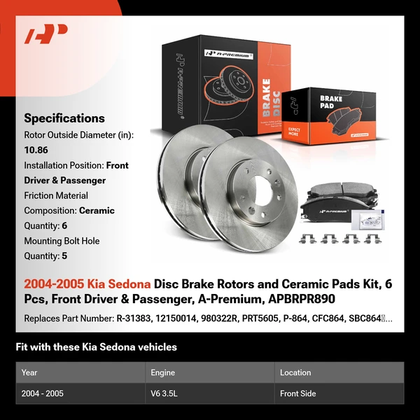 2004-2005 Kia Sedona Disc Brake Rotors and Ceramic Pads Kit, 6 Pcs, Front Driver & Passenger, A-Premium, APBRPR890
