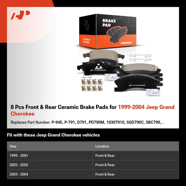 8 Pcs Front & Rear Ceramic Brake Pads for 1999-2004 Jeep Grand Cherokee