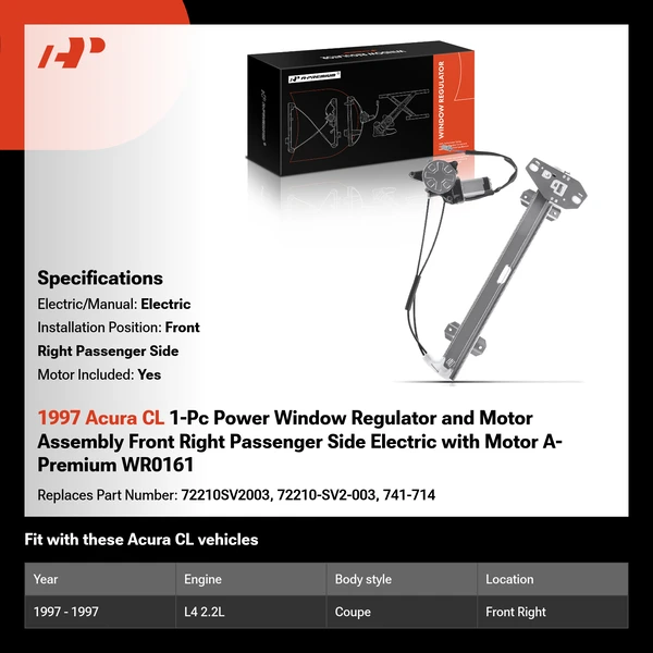 1997 Acura CL 1-Pc Power Window Regulator and Motor Assembly Front Right Passenger Side Electric with Motor A-Premium WR0161