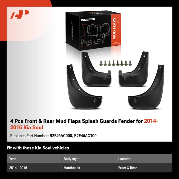 4 Pcs Front & Rear Mud Flaps Splash Guards Fender for 2014-2016 Kia Soul