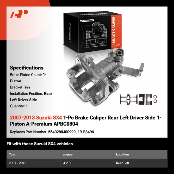 2007-2013 Suzuki SX4 1-Pc Brake Caliper Rear Left Driver Side 1-Piston A-Premium APBC0804