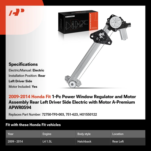 2009-2014 Honda Fit 1-Pc Power Window Regulator and Motor Assembly Rear Left Driver Side Electric with Motor A-Premium APWR0594