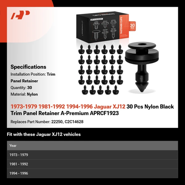 1973-1979 1981-1992 1994-1996 Jaguar XJ12 30 Pcs Nylon Black Trim Panel Retainer A-Premium APRCF1923