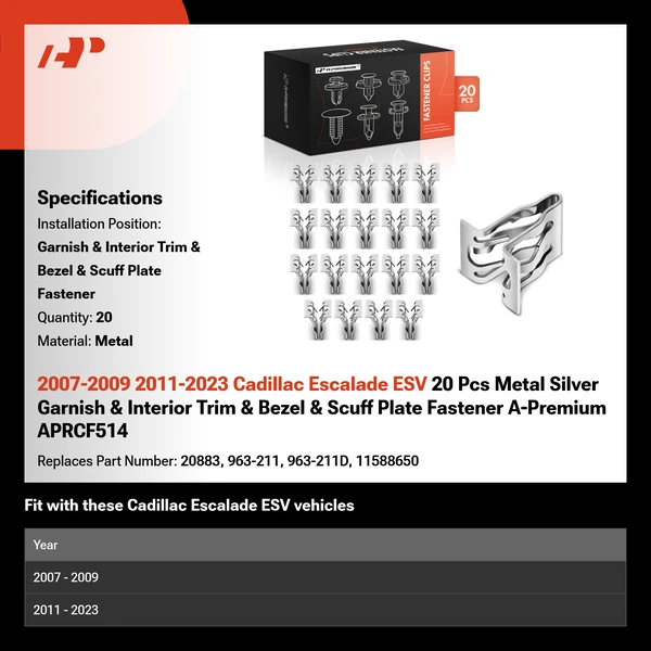 2007-2009 2011-2023 Cadillac Escalade ESV 20 Pcs Metal Silver Garnish & Interior Trim & Bezel & Scuff Plate Fastener A-Premium APRCF514
