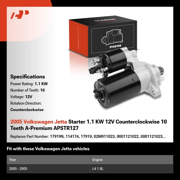 2005 Volkswagen Jetta Starter 1.1 KW 12V Counterclockwise 10 Teeth A-Premium APSTR127