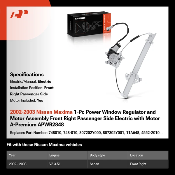 2002-2003 Nissan Maxima 1-Pc Power Window Regulator and Motor Assembly Front Right Passenger Side Electric with Motor A-Premium APWR2848