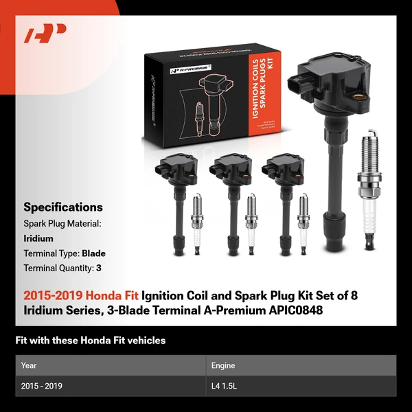2015-2019 Honda Fit Ignition Coil and Spark Plug Kit Set of 8 Iridium Series, 3-Blade Terminal A-Premium APIC0848