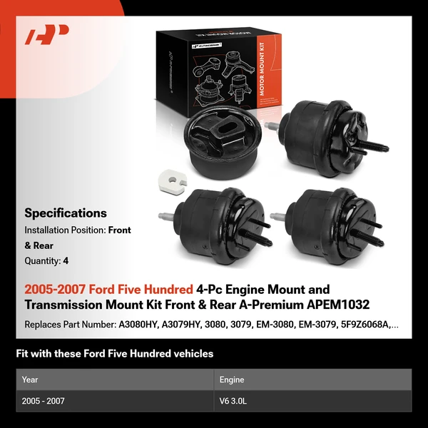 2005-2007 Ford Five Hundred 4-Pc Engine Mount and Transmission Mount Kit Front & Rear A-Premium APEM1032