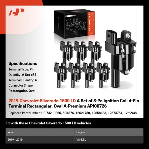 2019 Chevrolet Silverado 1500 LD A Set of 8-Pc Ignition Coil 4-Pin Terminal Rectangular, Oval A-Premium APIC0726