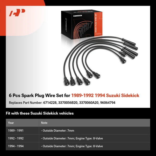 6 Pcs Spark Plug Wire Set for 1989-1992 1994 Suzuki Sidekick