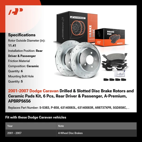 2001-2007 Dodge Caravan Drilled & Slotted Disc Brake Rotors and Ceramic Pads Kit, 6 Pcs, Rear Driver & Passenger, A-Premium, APBRPS656