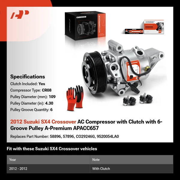 2012 Suzuki SX4 Crossover AC Compressor with Clutch with 6-Groove Pulley A-Premium APACC657