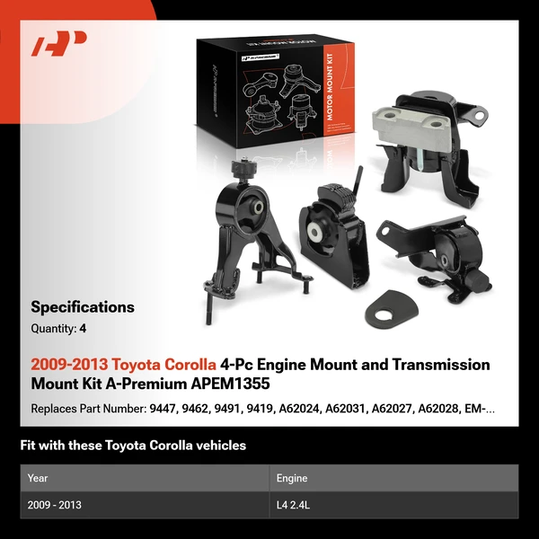 2009-2013 Toyota Corolla 4-Pc Engine Mount and Transmission Mount Kit A-Premium APEM1355