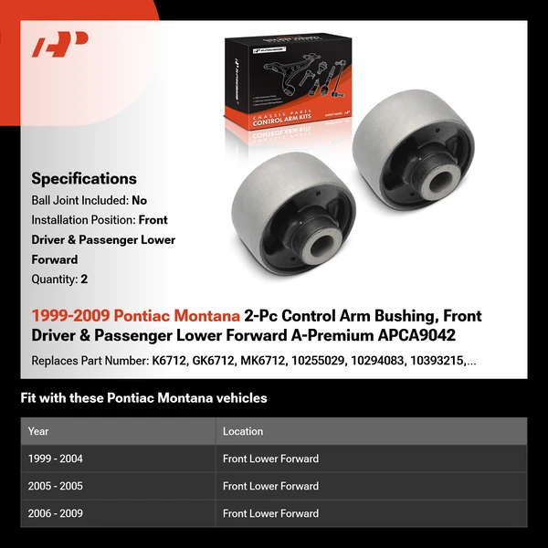 1999-2009 Pontiac Montana 2-Pc Control Arm Bushing, Front Driver & Passenger Lower Forward A-Premium APCA9042