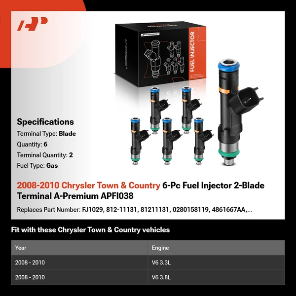 2008-2010 Chrysler Town & Country 6-Pc Fuel Injector 2-Blade Terminal A-Premium APFI038