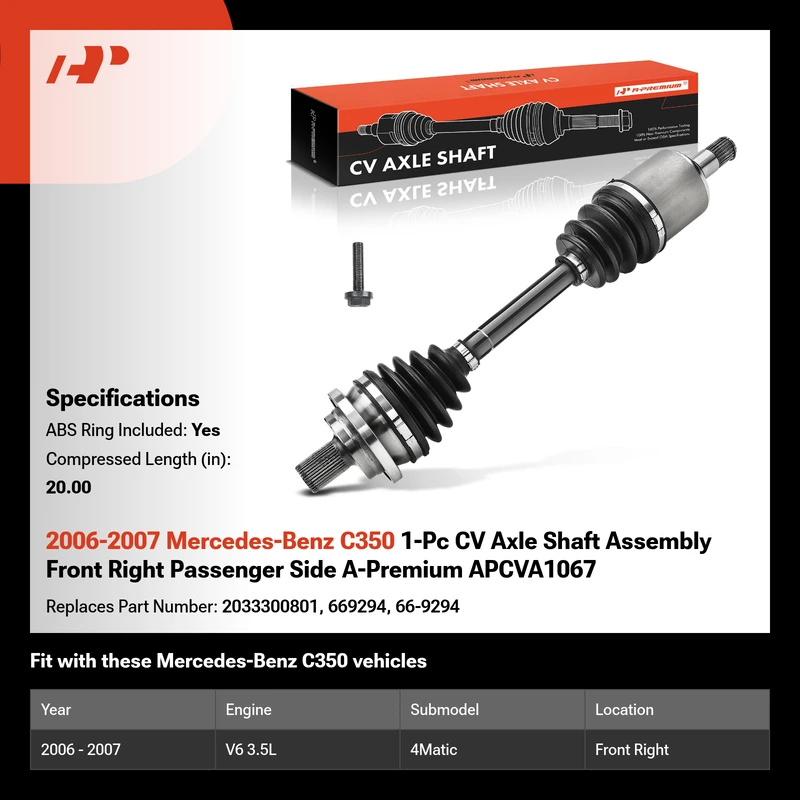 2006-2007 Mercedes-Benz C350 1-Pc CV Axle Shaft Assembly Front Right Passenger Side A-Premium APCVA1067