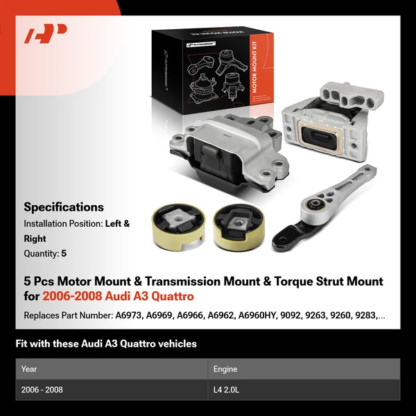 5 Pcs Motor Mount & Transmission Mount & Torque Strut Mount for 2006-2008 Audi A3 Quattro